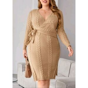 Shein Cable Knit Faux Wrap Sweater Dress - Camel Tan Sz 0XL